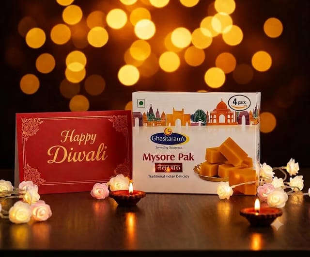 Ghasitaram's Diwali Gift Hamper Mysore Pak Sweet 200gm, Greeting Card +Puja Thali with Packed Together in a Beautiful