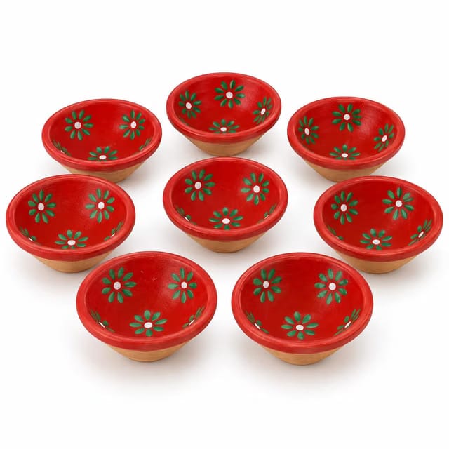 Arovia Hand-Painted Terracotta Diya Set of 11 with Floral Design
