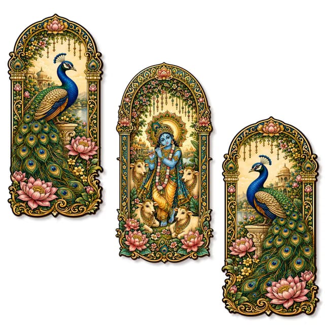 Regalo Casila Luxury Madhubani Painting Peacock Lotus Floral MDF Wall Decor 3 Pcs Set Traditional Mithila Folk Art Wall