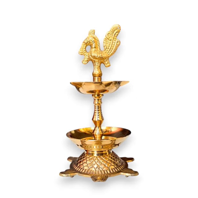 Kerala Brass Peacock Head Tortoise Panchmukhi Diya for Pooja with Flower Holder