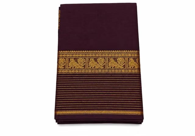 Coffee Brown Kanchi Cotton Saree with Gold Zari Border and Elephant Motif/chettinad Cotton Coffee Brown Saree