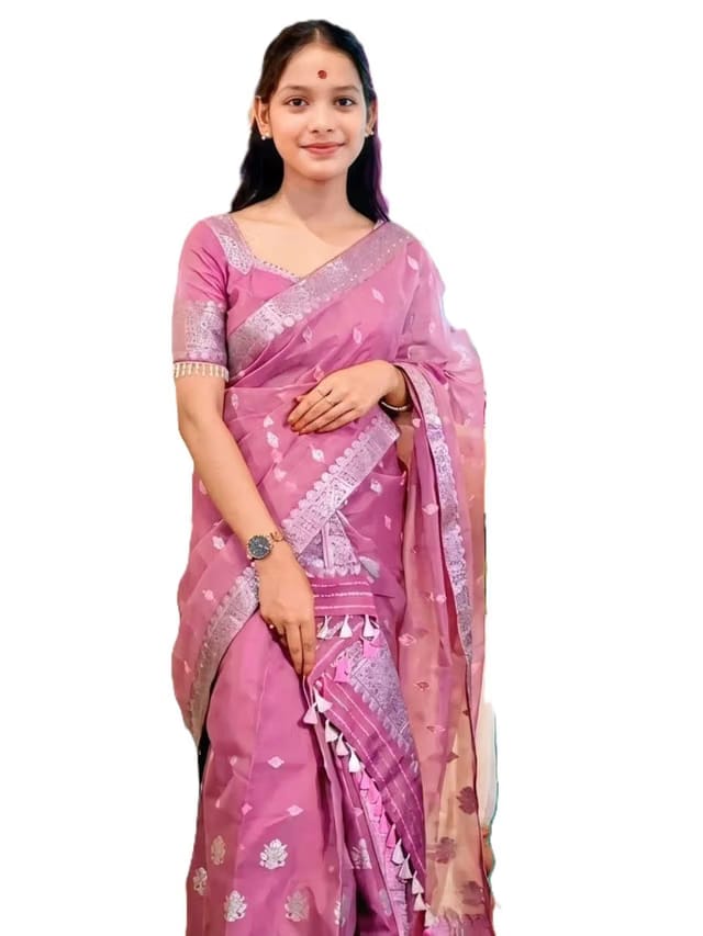 Assamese Traditional Mekhela Chador Cotton Woven Design Two Piece Outfit With Coordinated Blouse Piece Pink Free
