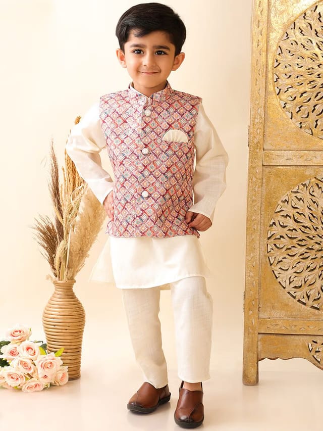 Boys Mandarin Collar Gotta Patti Pure Cotton Kurta with Pyjamas