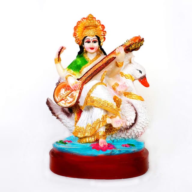 Multicolour Polyresin Maa Saraswati Idol with Hans Swan Statue for Home Mandir Pooja Room Decor 8 Inch