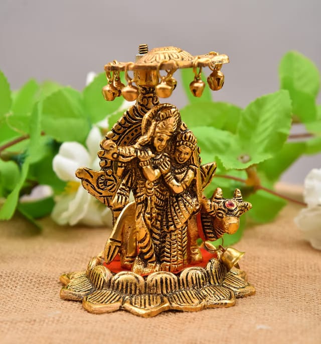 Nirmal Handicraft White Metal Solid Radha Krishna Idol Murti with Cow Statue Handicraft Idol for Temple/Home/Office/Home