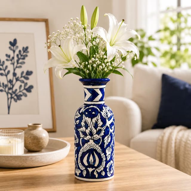 Handcrafted Blue Pottery Ceramic Flower Vase