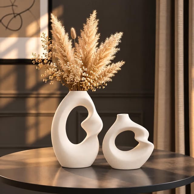Unique White Ceramic Donut Vase 8.5 & 5.7 Inch - Set of 2