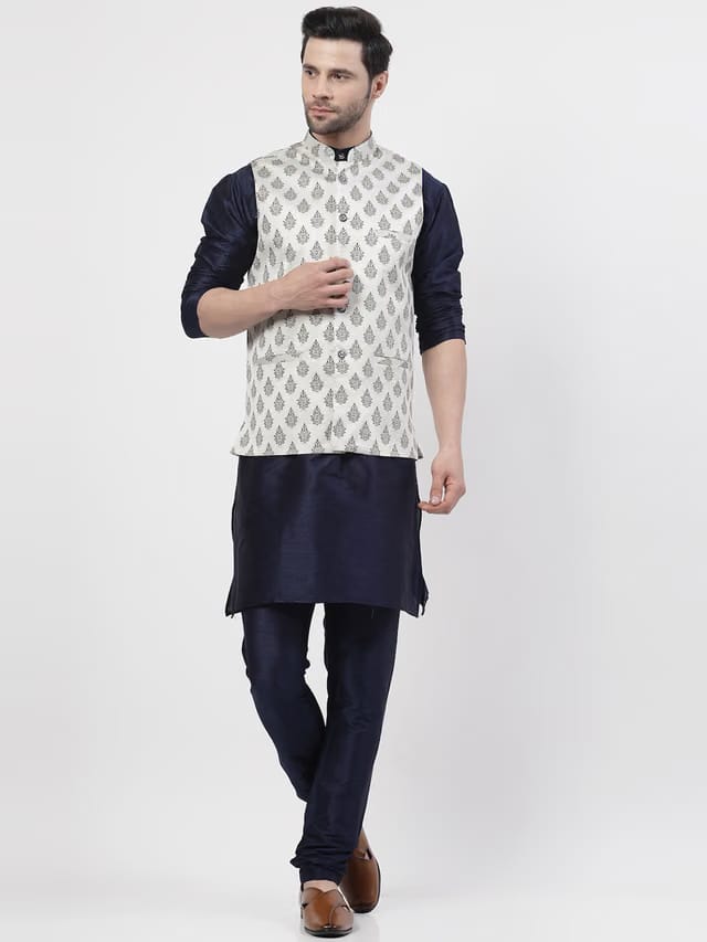 Men Floral Printed Mandarin Collar Kurta with Churidar & Nehru jacket