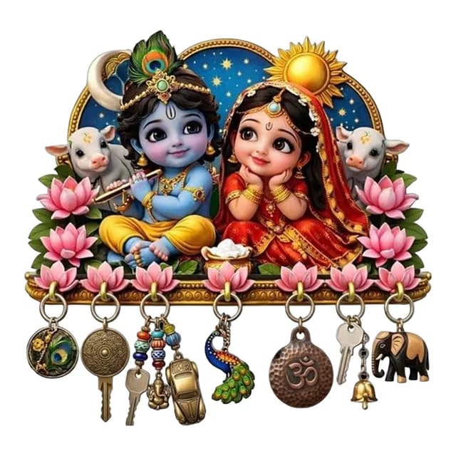 Khusansh Craft Wooden Bal Radha Krishna Key Holder, Multicolour