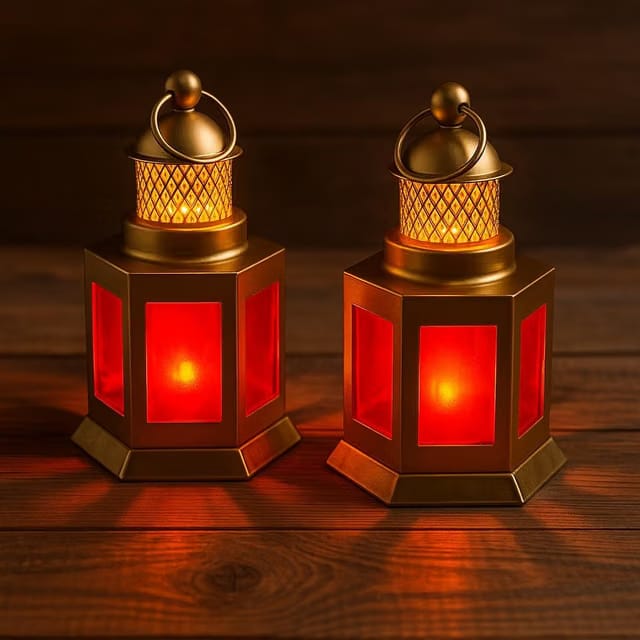 D4decor Moroccan Lantern Set, Gold with Red Glass, Decorative Tealight Candle Holders for Home, Festival