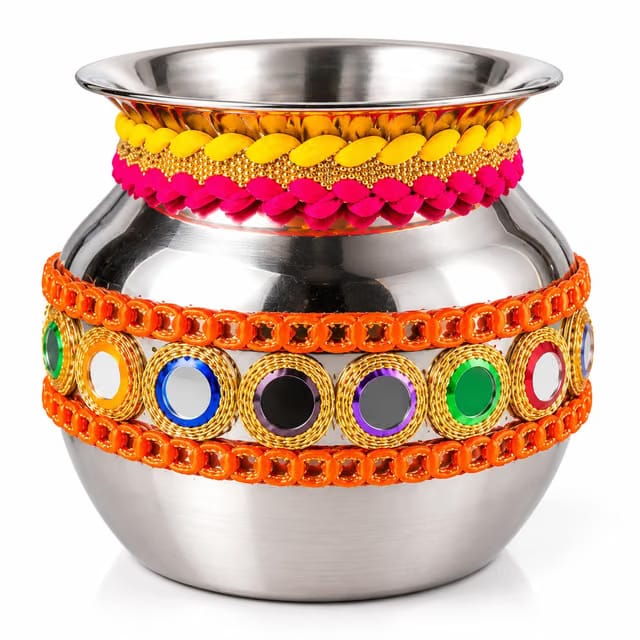 Hand Decorated Stainless Steel Lota for Karwa Chauth & Pooja Thali
