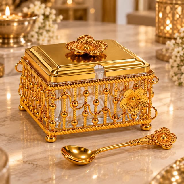 Gold Flower Candy Boxes with Glass Container & Spoon, Premium Decorative Sweet Storage Jars, Dry Fruit