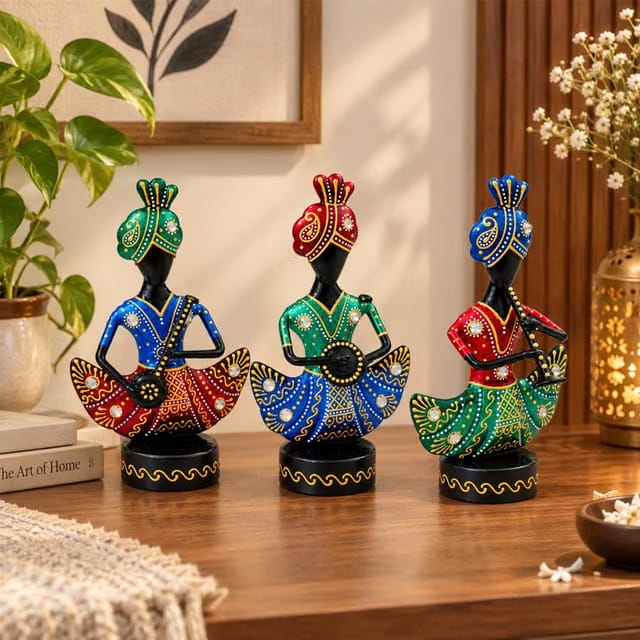 Handcrafted Rajasthani Musician Figurines Set of 3, Traditional Indian Folk Art for Home Decor