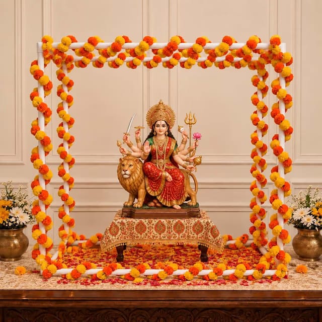 SpecialYou Diwali Decoration for Home & Navratri Decoration Items with White Cube Backdrop Stand & Marigold Garlands
