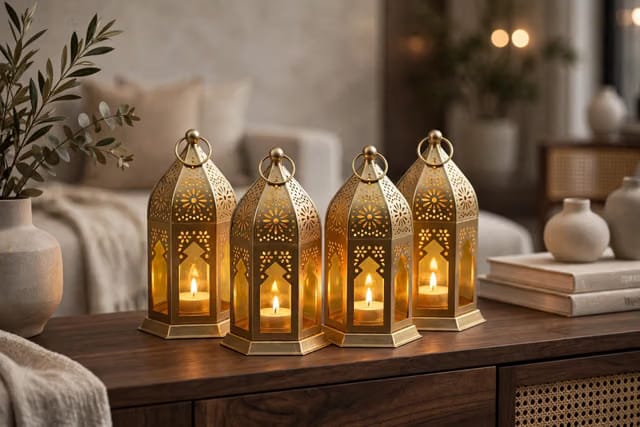 Set of 4 Moroccon Style Metal Lanterns Candle Holders with Coloured Glass Panels-Decorative Tealight Lamps for Home