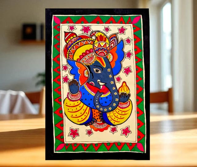 Handmade Madhubani Painting of Ganesha, Vibrant Traditional Indian Folk Art, Home Decor or Gift