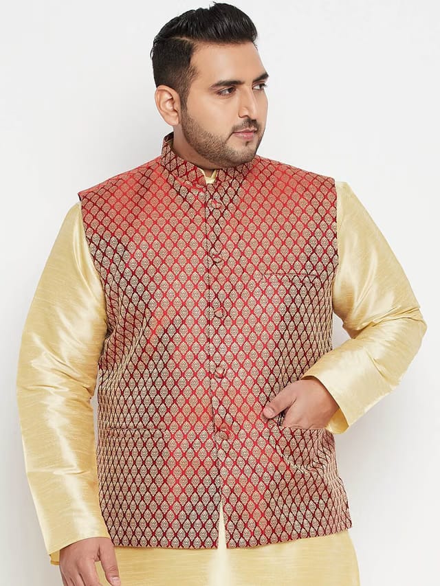 Men Maroon Silk Blend Nehru Jacket