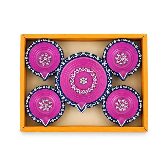 Designer Hand-Painted Clay Fancy Diya Set of 5 – Decorative Traditional Oil Lamps for Diwali, Pooja, Festivals