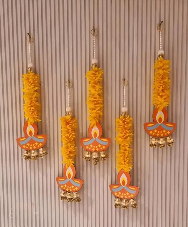 Wood Hangings Set of 5 (Size 15 Inch), Jasmine Flower with MDF Diya, Diwali Decoration Items for Home Decoration