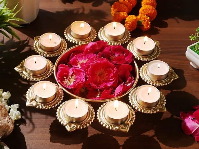 DULI 10 Inch Metal Decorative Diya Plate Urli with 10 Diyas &1 Bowl