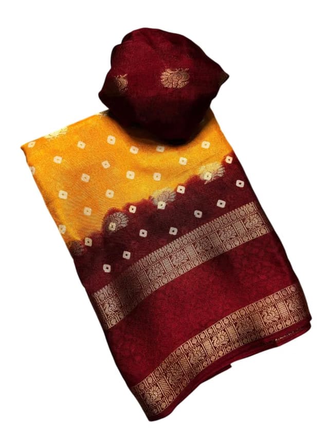 Crepe Muga Silk Saree Bandhani Pattern All Over Rich Kanjivaram Border Floral Printed Pallu With Blouse Piece