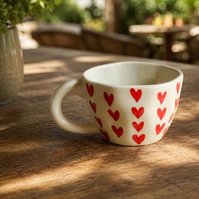 Red Hearts Ceramic Handcrafted Cup for Kids Couples Coffee Chai Tea Milk Microwave Safe Cute Handpainted Gifting Cups