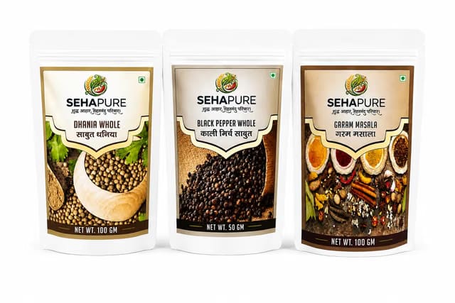 Sehapure Indian Cooking Kitchen Ingredients Spices Combo Pack, Dhania Whole 100g, Garam Masala 100g, Black Pepper Whole