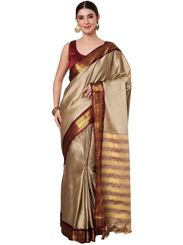 Traditional Style Festive Women's Silk Kanjivaram Kanchipuram South Indian Silk Saree Elegant Zari Border Perfect for