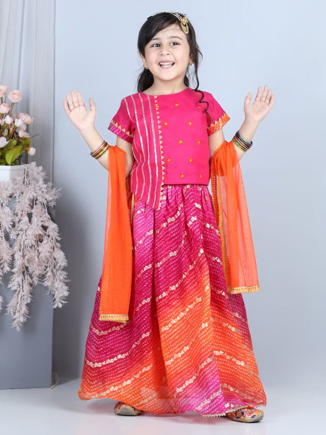Girls Pink & Orange Ready to Wear Lehenga & Blouse With Net Dupatta