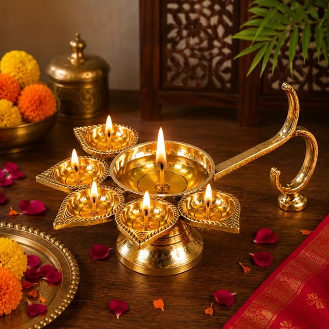 Set of 1 Brass Pooja Aarti Diya Oil Lamp for Puja Room Temple Mandir Office Festival Panchmukhi Diya (3 inch x 6.5 inch