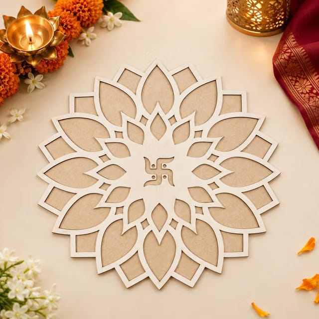 DIY Rangoli Mat for Diwali Pooja Decoration, Reusable MDF Swastik Rangoli Stencil
