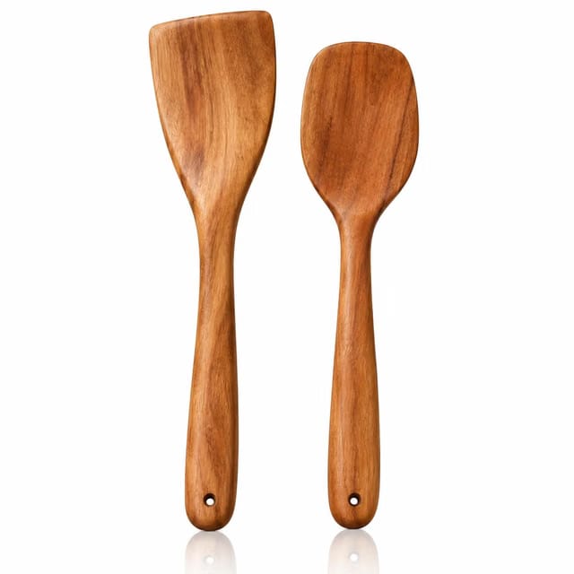 2 Pack Wooden Spatula, Neem Wood Long Handle Flat Frying Turner, Handmade Wooden Spoons for Cooking