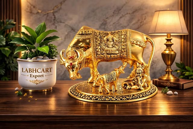 SHRI KRISHNA Sheela Handicraft Kamdhenu Cow with Calf and Krishna Idol Showpiece in Brass Like Metal for Home Decor and