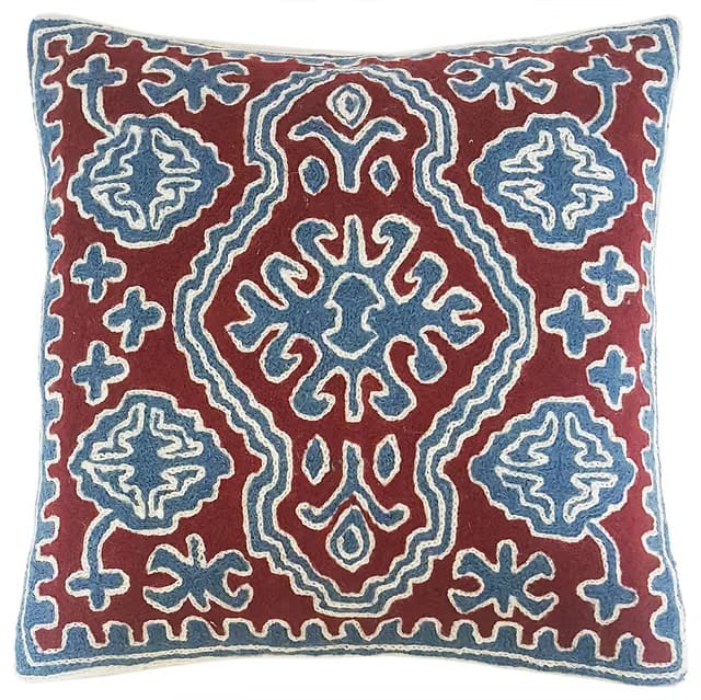 Mehrunnisa (16”X16”) Exclusive Hand Embroidered Crewel Work Cushion Cover from Kashmir (HOM2524)