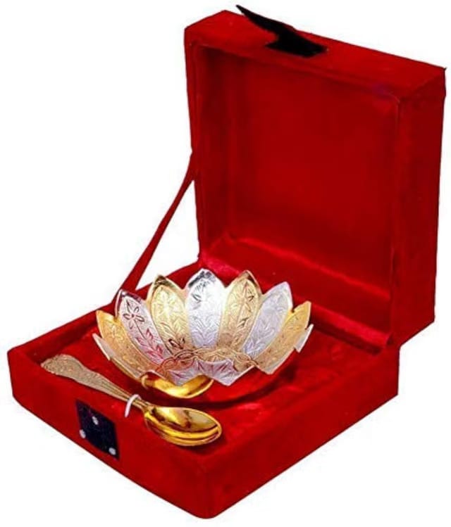 R Ayurveda Copper Silver And Gold Plated Metal Bowl Set With Spoon In Floral Pattern Best Wedding Return Gift. In Velvet