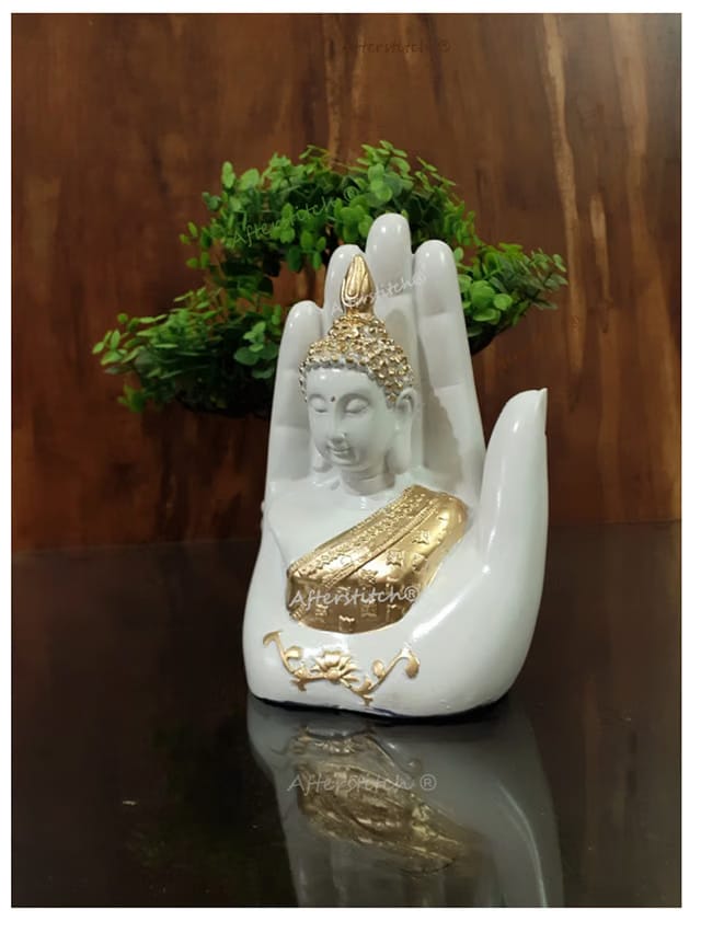 Resin Glossy Palm Gautam Buddha Statue (White, 17 x11 x7 cm)