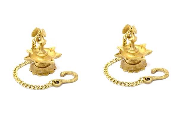 Peacock Design Brass Hanging Diya Set, Brass Oil Lamp Pair, Diyas for Decoration, 2.5X2.5X3.5 LXWXH Inches