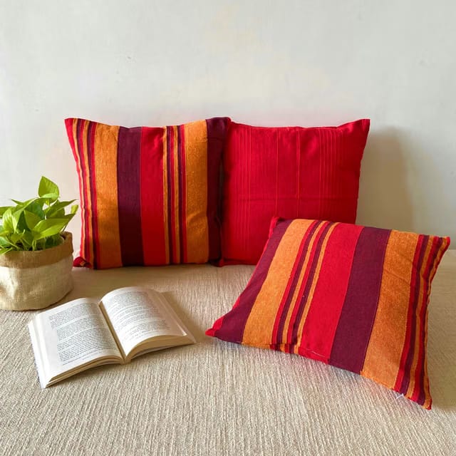RANGBHAR Handloom Cushion Covers with Concealed Top Zip, Set of 3, Striped, 16 x 16 inch, Red