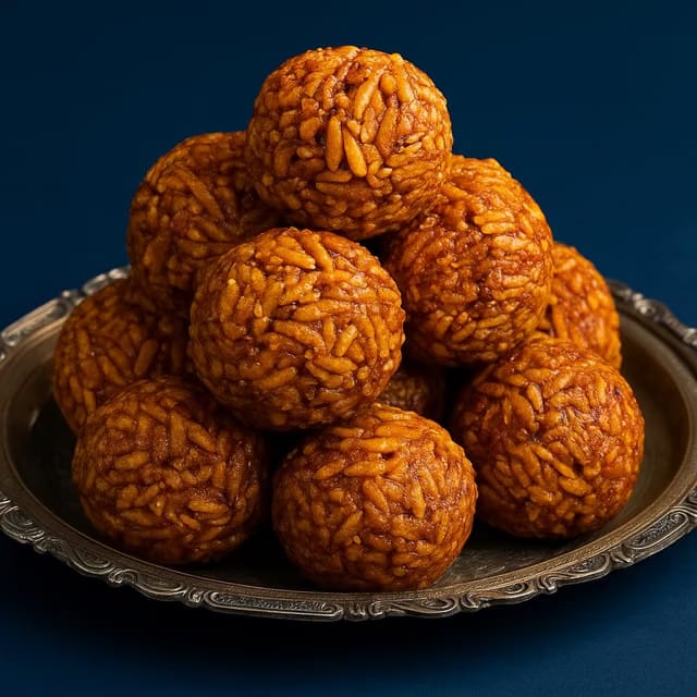 BANGLARMISTI Chirer Moa - Crispy Crunchy Indian Delicacy, Poha Laddoo, Jaggery, Puja Prasad, 15 Pieces Pack