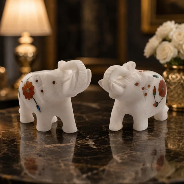 Handcrafted White Marble Elephant Pair Statue with Trunk Up – Floral Pietra Dura Semi-Precious Stone Inlay Art