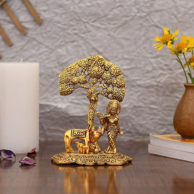 Gift Items Metal Krishna Idol Murti with Kamdhenu Cow - Gold Plated Showpiece Articles for Home Decor