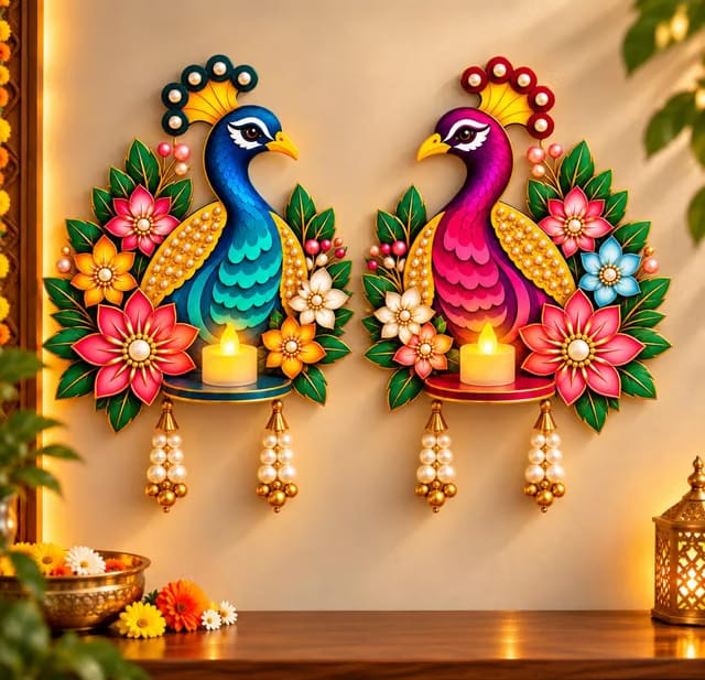 Wooden Jharokha Wall Hanging Tea Light Holder – Traditional Diya Stand & Floating Shelf for Pooja Room, Living Room