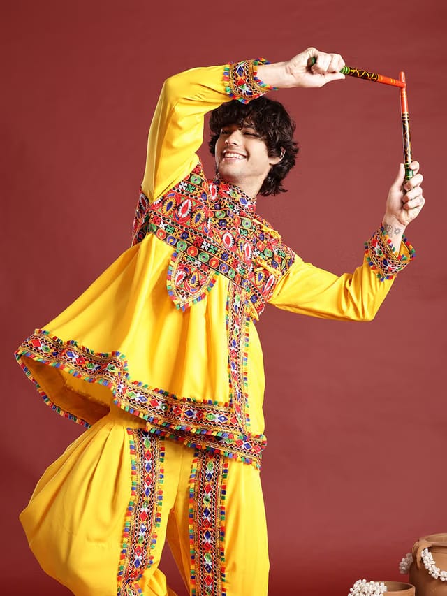 Ethnic Motifs Embroidered Angrakha Navaratri Kediya with Dhoti Pants & Dandiya