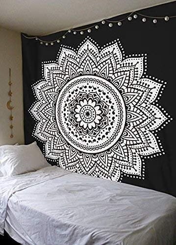 Lotus Flower Tapestry Boho Psychedelic Tie Dye Mandala Wall Hanging Decoration (Black and White, 84 X 54 inches)