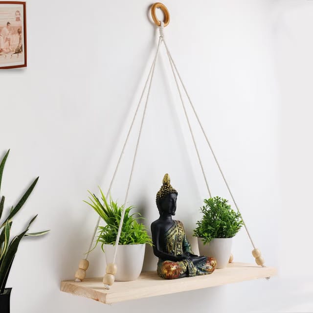 ® Macrame Wall Hanging Shelf Wood Floating Shelves with Wooden Beads & Ring Modern Chic Decor for Dorm Living Room