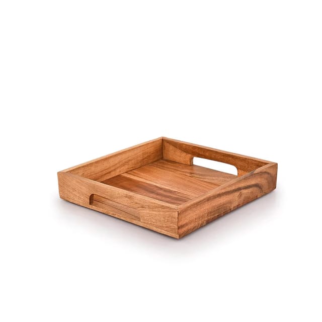 Samhita Acacia Wood Serving Rectangular Tray With Handles,Wooden Serving Tray, Snack Tray, Breakfast Tray, Great For