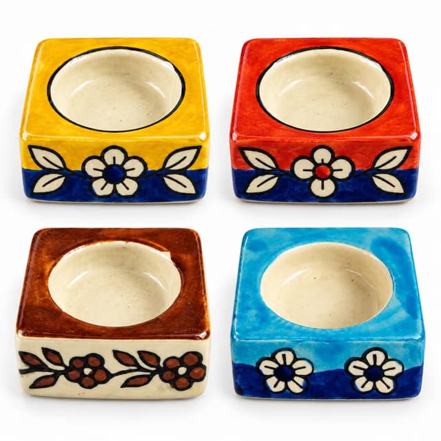 Festive Round Ceramic Chini Diya Set of 4 in Random Colour & Random Design, Traditional Tealight s for Diwali, Rangoli