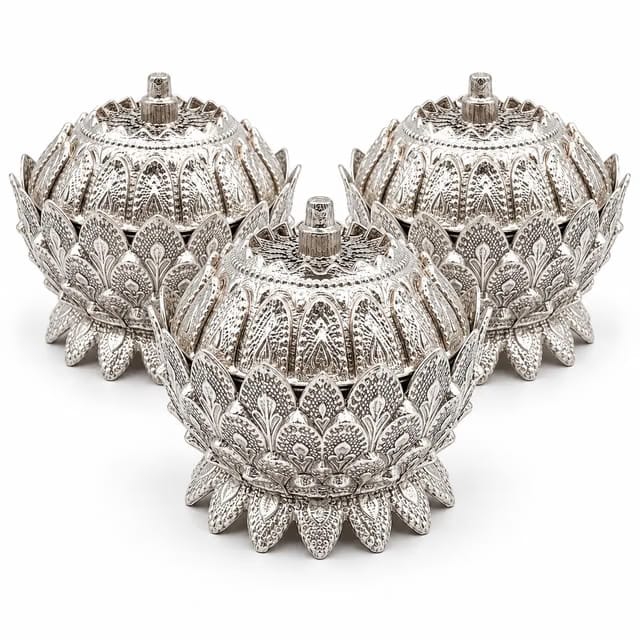 Pineapple Mini Silver-Tone Decorative Bowls with Lids, Embossed Leaf Design for Pooja, Festive Decor and Gifting