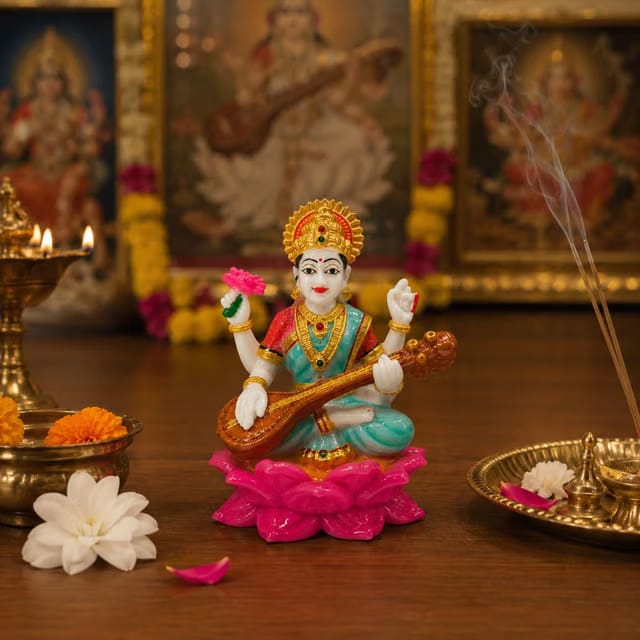 Saraswati Idol, Saraswati Maa Murti for Home, Car Dashboard, 3 Inch