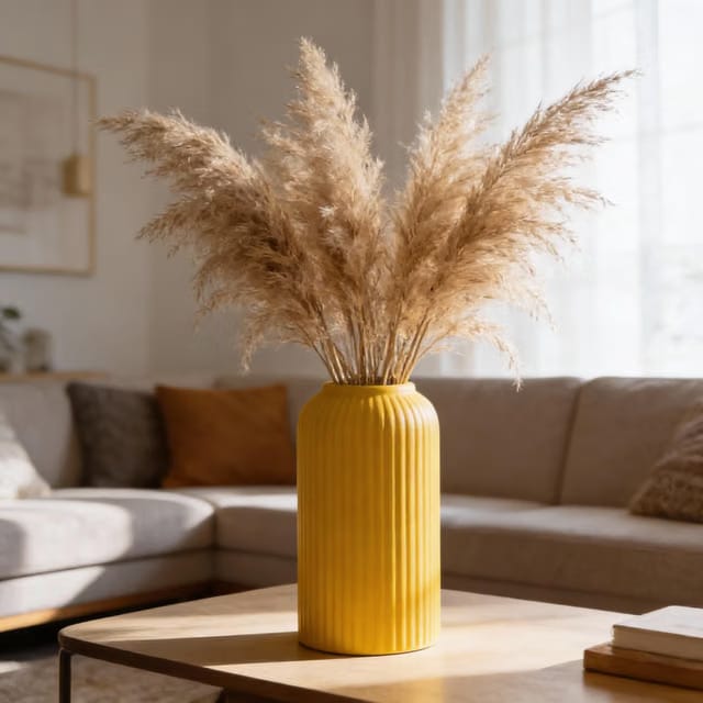 Yellow Ribbed Ceramic Flower Vase 6 Inch Matte Pampas Grass & Dried Flower Vase for Home & Office Table Decor Decorative